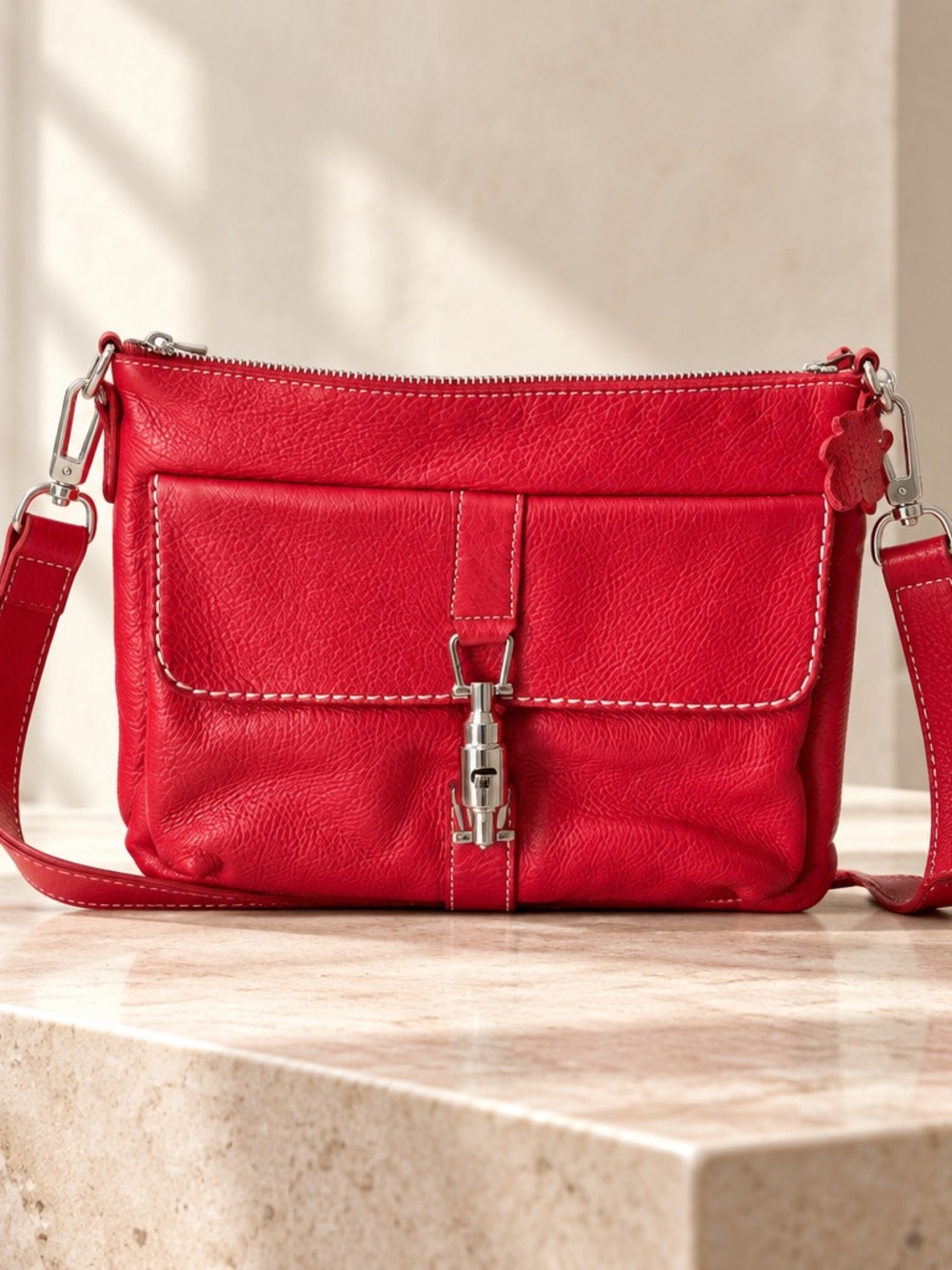 Red Roots Leather Crossbody Bag with Front Pocket